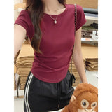 Summer Solid Color Shoulder Embroidery Round Collar Age Reduction Short-Sleeved T-Shirt Waist Folds To Collect Waist Thin Elastic Short-Term Coat