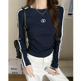 Vintage Splicing Color Design Long-Sleeved T-Shirt Girl Early Autumn Folded Waist Repair Bottom Shirt Top