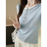 Fake Two Splicing Long-Sleeved Women's T-Shirts In Autumn To Put On The Waist To Show Skinny Exquisite Bottom Shirt Top