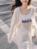Unique To White Low-Necked Fake Two Knitted Shirt Girls Spring And Autumn Design Cartoon Print Long-Sleeved Top Sweater