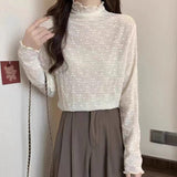 Half-High Collar Long-Sleeved Bottom Shirt T-Shirt Women's Autumn And Winter Lace Wood Ear With Velvet Thick And Stacked Inside And Put On The Top