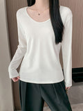 Pure White U-Necked Shirt Long-Sleeved T-Shirt Women's Early Autumn Lazy Relaxed Leisure Pure Cotton On The Basis Of Clothing