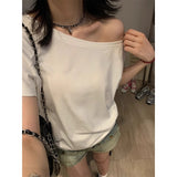 White Solid Color Oblique Shoulder Short-Sleeved T-Shirt 2026 Summer New Word Shoulder Loose Meat Thin Top