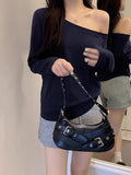 Pure Desire A Word Shoulder Cotton Oblique Shoulder Long-Sleeved T-Shirt Women's Autumn And Winter Loose Bottom Shirt Lazy Chic Beauty Top