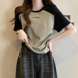 Vintage Shoulder-Sleeved T-Shirt Women's New Summer Design Small Drawstring Thin Cotton T-Shirt