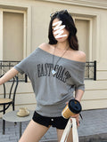 Pure Cotton Vintage Hottie Slanted Shoulder T-Shirt For Girls Summer 2025 New Loose Letter Print Top Ins