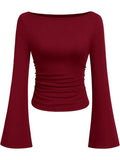 Hottie Solid Color Boat Collar Horn Sleeve T-Shirt Girl 2025 Autumn Dress Folds Thin Tops Long Sleeve