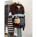 Striped Half-Zip Collared Large-Size Sweater Coat Women's Autumn And Winter 2025 New Lazy Wind Plus Thick Knitted Shirt