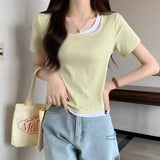 Spicy Collarbone Positive Shoulder Design Fake Two-Piece T-Shirt Girl Short-Sleeved Summer 2026 Super Hot Chic Hot Babes Top