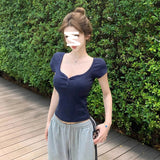 Korean Pure Peach Heart-Carped Short-Sleeved T-Shirt For Girls Summer Senior Feeling Gray Hottie
