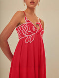 Women's Sweet Style Embroidery Sling Skirt Goldfish Shoulder Strap Loose Dress High-Waisted Loose Long Dress