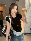 Sweet Age-Rearing Lace Spliced Hem Short-Sleeved T-Shirt 2026 Summer Ballet Style Folding Top