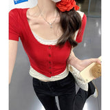 Vintage Red Knitted Shirt Half-Sleeved T-Shirt Women's Round Collar Front Shoulder Short Sleeve Small Top Summer