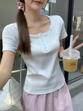 Pure Lace Side U-Neck Short-Sleeved T-Shirt Women 2026 Summer New Collared Button Repair Inside The Bottom Top