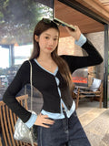 Sexy Babes Fake Two Knitted Long-Sleeved T-Shirt Women 2026 Early Autumn New Button Design Temperament V Collar Top