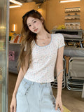 Sweet And Pure Lust Lace Spliced Short-Sleeved T-Shirt 2026 Summer New Straight Shoulder Temperament Top