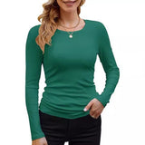2025 Women's Women's New Ribs Cotton Fabric Base Round Neck Solid Long-Sleeved T-Shirt