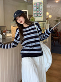 Korean Languid Wind Stripe Round-Neck Knitted Jersey Long-Sleeved Women 2026 Early Autumn New Loose Chic Design Top