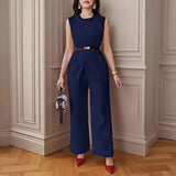 Spring And Summer 2025 New Women's Solid Color Jacket Sleeveless Belt Two Sets Of Trouser Casual Set