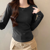 Dark Gray Long-Sleeved Mask T-Shirt Women's Autumn And Winter New Bottom Wrinkle Waist Solid Color Collar Age Reduction Top