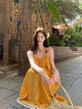 Lazy Slack Feeling Yellow Thaisu Slings White Dress Seaside Temperament Long Dress Beautiful Beach Dress Summer