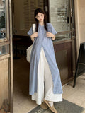 Sweet Folded Suit Women's Summer Design Plaid Shirt Dress Lace Broad Leg Pants Two Sets Of Tide