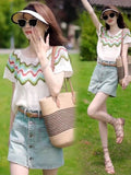 This Year's Popular Beautiful Summer Dress With Denim Skirt Knitted Top Fashion Small Striped Short-Sleeved T-Shirt Girl