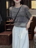 South Korea Chic Hollow Ice Silk Short-Sleeved Knitted Shirt Women 2025 Summer Loose Thin Ocean Gas Age-Down Gray Top