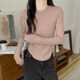 Early Autumn New Round Collar Shoulder Long-Sleeved T-Shirt Woman With Design Curved Hem Fish Bone Top