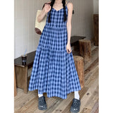 Blue Lattice Loose Sling Dress Women 2026 Summer New Sweet Thin Swing Skirt Mid-Long Skirt