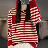 Autumn And Winter Striped Hooded Bottom Knitted Women's Coat Sweater Loose Fashion Hoodie Jersey