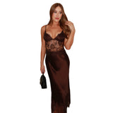Fashion Temperament Deep V-Neck Perspective-De-Sight Dress Sexy Babes Lace Slings Splicing Long Dress