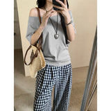 Summer Shoulder Sexy T-Shirt Girl Blue Neckline Collar Collar Slanted Shoulder Short Sleeves Loose Lazi White Top