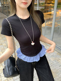 Unique Super-Looking Lattice Lotus Side Splicing Round Neck Collar T-Shirt New Thin Temperament Small Top