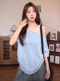 White Solid Color Oblique Shoulder Short-Sleeved T-Shirt 2026 Summer New Word Shoulder Loose Meat Thin Top