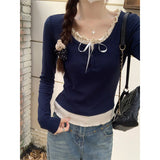 French Ballet Windwood Ear Splicing Two Long-Sleeved T-Shirt Women Design Bow Bm Short Top Autumn