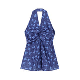 French Hanging Neck Broken Flower V-Neck Vest Shirt Women's Summer Skirt Throttling Waist Shirt Chic Sweet Spicy Small Top