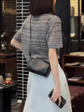 South Korea Chic Hollow Ice Silk Short-Sleeved Knitted Shirt Women 2025 Summer Loose Thin Ocean Gas Age-Down Gray Top