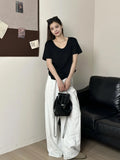 Det-Collared U-Neck Short-Sleeved T-Shirt Women's Summer Version Of Large-Size Bottom Shirt Fat Sister Thin Belly On The Shoulder
