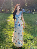 French Print Lotus Leaf Dress Women Summer Beautiful Seaside Holiday Hot Girls Unique Beautiful Waist Long Dress