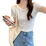 Striped Short-Sleeved T-Shirt Girls Summer Niche Design Splicing Against The Color Of The Hot Girl Pure Lust Wind Is Shoulder Tight Small Clothes