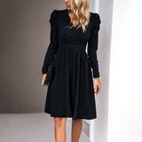 Dili 2025 Autumn And Winter Women's Temperament Elegant And Clean Color V-Neck Long-Sleeved Dress
