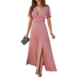 Dili Women's Clothing 2025 Spring And Summer Temperament Elegant Body Solid Color V-Neck Open Fork Dress