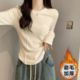 White Long-Sleeved Bottom Shirt Women In Autumn And Winter With A Short Fish Bone Top Design Embroidered Plus Velvet Hair T-Shirt