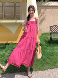 Rose Pink Tuxedo Sling Skirt Mid-Long 2025 Summer New Korean Version Of Loose Sweet Dress Fairy