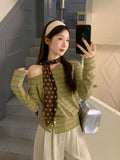 Vintage Design Feel Green Striped Button Collar Open Shoulder T-Shirt 2026 Early Autumn New Loose Long-Sleeved Top Woman
