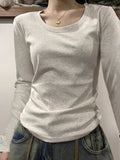 White Flower Ash U Collar Shoulder Long-Sleeved T-Shirt Women Autumn And Winter Cotton And Thin Velvet In Low-Collar All-In-Bottom Small Shirt Top