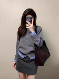 Lazy Wind Gray Fake Two Knitted Cardigan Coat Women Autumn Winter Korean Sweater Bump Color Top Design Sense Niche
