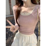 Pink U Collar Pure Lustful Wind Fake Two Long-Sleeved T-Shirt Women's Autumn And Winter Design Sense Of Irregular Color Repair Inside The Top