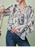 2026 Spring And Summer New T-Shirt Printing French Romantic Dye Mesh Screen Lotus Leaf Side Short Soft Horn Sleeve Top